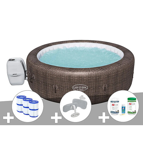 Kit spa gonflable Bestway Lay-Z-Spa St Moritz rond Airjet 5/7 places + 6 filtres + Kit traitement brome + 2 appuie-têtes