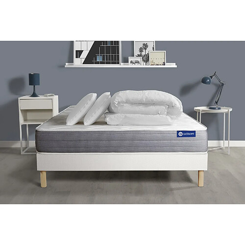 ACTISOM Pack prêt à dormir matelas ACTIFLEX DREAM Ressorts ensachés + mémoire de forme 200x200 + sommier KIT blanc +2oreillers+couette