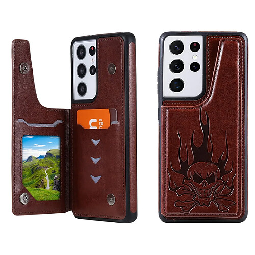 Coque en TPU + PU motif crâne imprimé, anti-chute avec béquille et porte-carte marron pour votre Samsung Galaxy S21 Ultra 5G