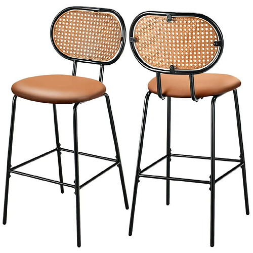 Helloshop26 Tabourets de bar lot de 2 dossier en rotin pe siège en cuir PU 75 cm de haut style vintage marron 20_0006579