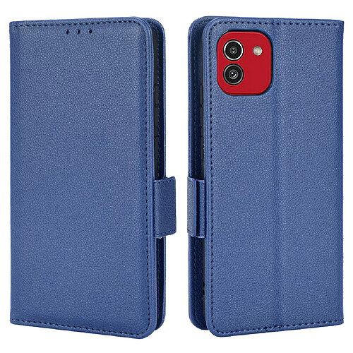 Etui en PU texture litchi, fermoir aimanté, antichoc avec support bleu foncé pour votre Samsung Galaxy A03 (164.2 x 75.9 x 9.1mm)