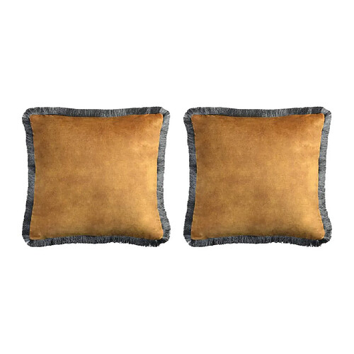 Vente-Unique Lot de 2 coussins en velours à frange - 360g/m2 - 45 x 45 cm - Camel et noir - SOOTHE