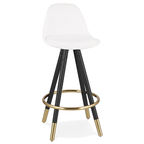 Alterego Tabouret snack mi-hauteur 'CLARISSE MINI' en tissu bouloché blanc et 4 pieds en bois noir