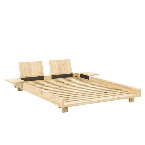 Inside 75 Lit futon SOCIAL pin laqué naturel couchage 140x200 cm avec 2 dossiers et 2 tables d'appoint