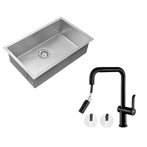 Auralum MAX Évier de cuisine Brossé 70*44*19cm inox+Robinet de Cuisine avec Douchette Extractible Rotatif 360 °2 Fonctions, Barboteur démontable,Noir