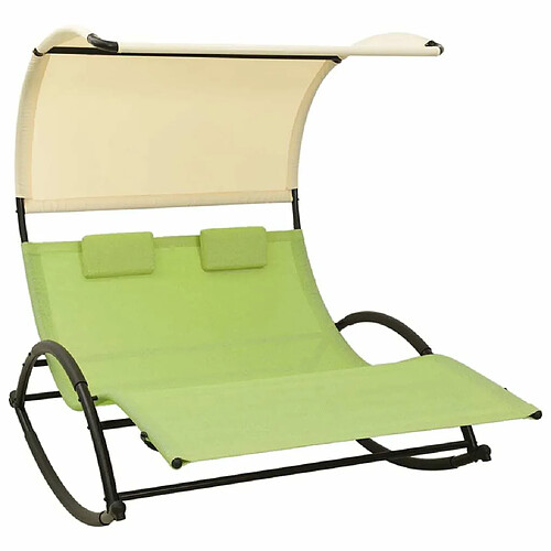 Maison Chic Chaise longue | Transat Bain de soleil double avec auvent textilène vert et crème -GKD64998