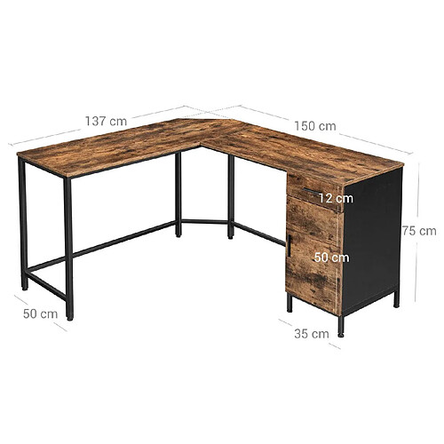 Helloshop26 Bureau d'angle table en forme de l avec placard de rangement et tiroir peu encombrant montage facile cadre en acier style industriel marron rustique et noir 12_0001331