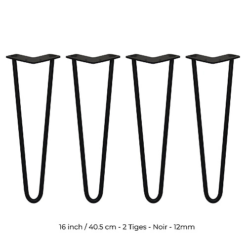 Monstershop 4 Pieds de Table en Épingle à Cheveux - 40,6cm - 2 Tiges - 12mm – Fini Noir