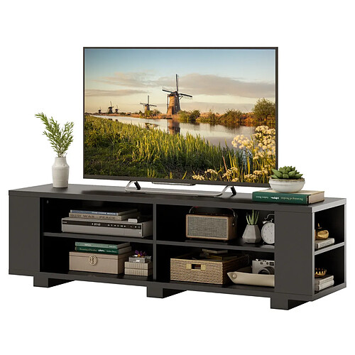 Helloshop26 Meuble tv avec 6 compartiments banc tv pour tv jusqu'à 65 pouces 4 trous de gestion des câbles étagères réglables pour chambre 150 x 39 x 45 cm noir 20_0005886