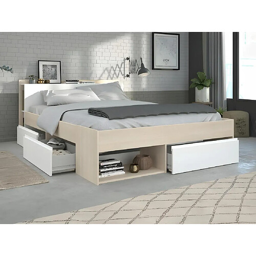 Vente-Unique Lit avec rangements modulable 160 x 200 cm - Coloris : Blanc et naturel - DEBAR