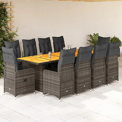 vidaXL Ensemble de bistro de jardin 11 pcs coussins gris poly rotin