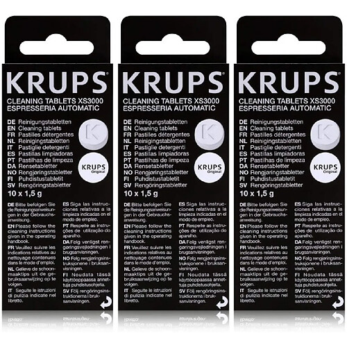 Lot de 3 boîtes de pastilles détergentes krups - chaque boîte contient 10 pastilles de 1,5 g.