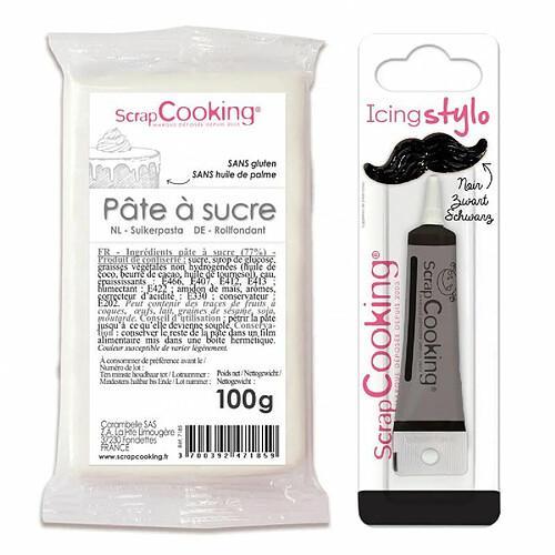 Scrapcooking Pâte à sucre blanche 100 g + Stylo de glaçage noir