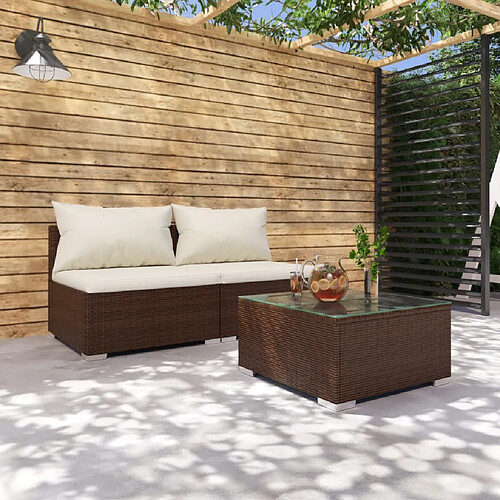 vidaXL Salon de jardin 3 pcs avec coussins Résine tressée Marron