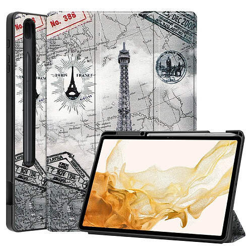 Etui en PU fonction veille/réveil automatique avec support et porte-stylo tour eiffel et carte pour votre Samsung Galaxy Tab S8 Plus