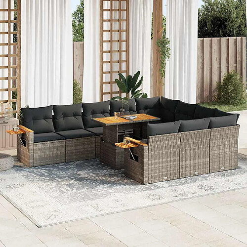 vidaXL Salon de jardin avec coussins 10 pcs gris résine tressée acacia