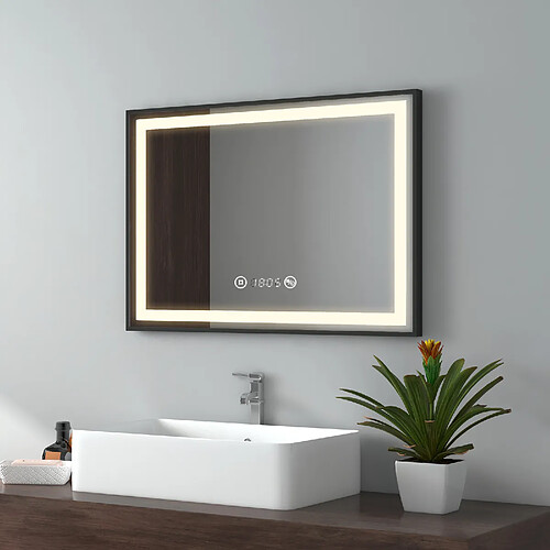 EMKE Miroir de salle de bain LED Cadre noir avec Interrupteur Tactile, Anti-buée, Horloge, Température, Dimmable, Fonction Mémoire, Lumière neutre - 70x50cm