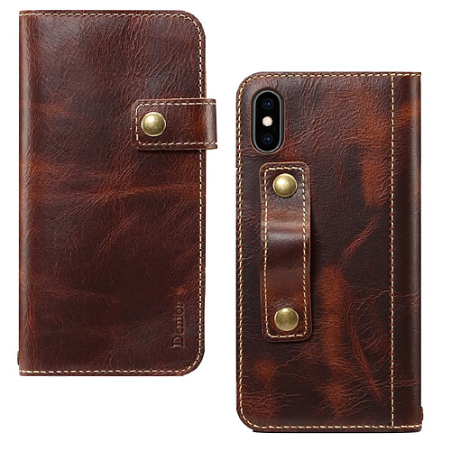 Wewoo Housse Coque Pour iPhone XR Denior Cire à l'huile de peau de vache DK Bouton magnétique Étui à rabat horizontal en cuir avec support et fentes cartes et portefeuille marron