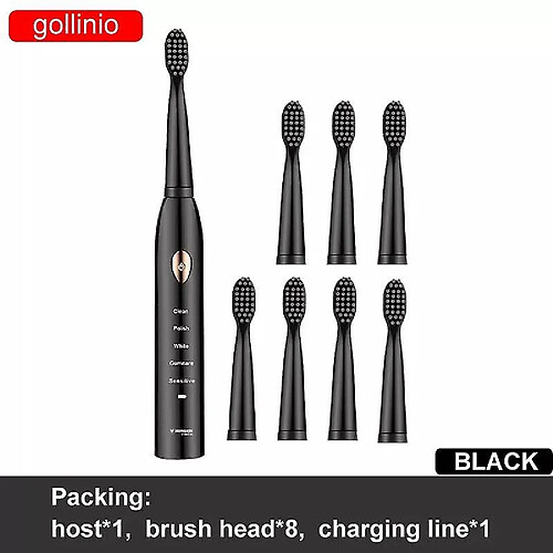 Universal Brosse à dents électrique acoustique Brosse à minuterie adulte 5 modes Chargeur USB Brosse à dents rechargeable Tête de remplacement GL15A (GL15 Noir 8 Têtes)