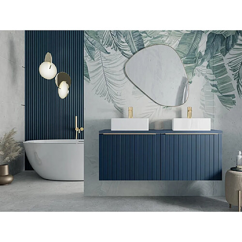 Vente-Unique Meuble de salle de bain suspendu double vasque strié bleu - 120 cm - JOSEPHA