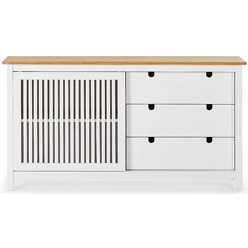 Pegane Buffet bas en pin massif décor ciré chêne et blanc, meuble de rangement - Longueur 150 x Profondeur 40 x Hauteur 80 cm