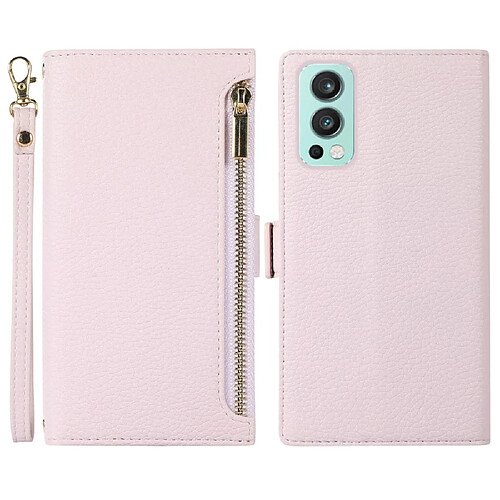 Etui en PU texture litchi, anti-rayures avec pochette à fermeture éclair et sangle pour votre OnePlus Nord 2 5G - violet clair