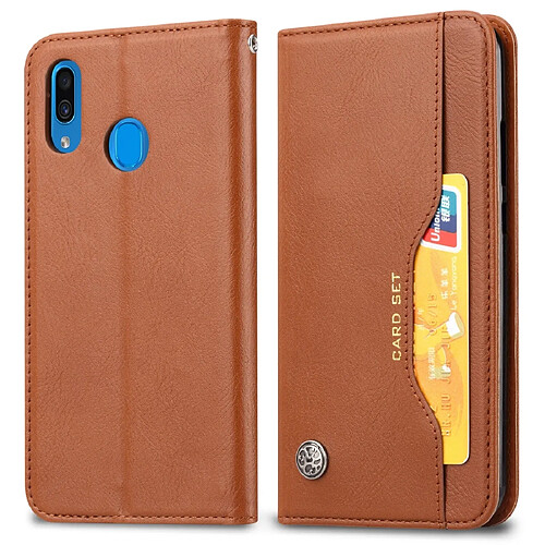 Wewoo Housse Coque Étui en cuir à rabat horizontal avec texture pour la peau Galaxy A20eavec cadre photoporte-cartesemplacements cartes et porte-monnaie Marron