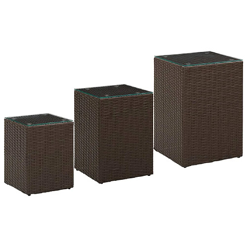 vidaXL Tables d'appoint 3 pcs et dessus en verre Marron Résine tressée