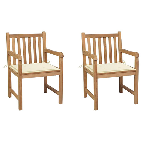 vidaXL Chaises de jardin lot de 2 et coussins crème Bois teck massif