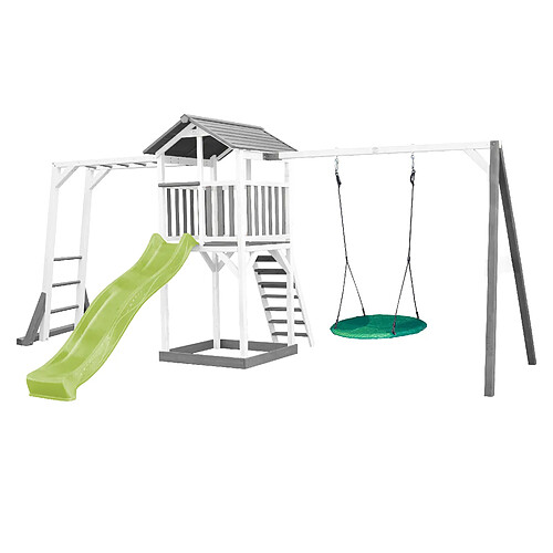 AXI Beach Tower Aire de Jeux avec Toboggan en VERT Clair, Cadre d'escalade, Balançoire Nid d'oiseau VERT & Bac à Sable | Grande Maison Enfant extérieur en Gris & BLANC | Cabane de Jeu en Bois FSC