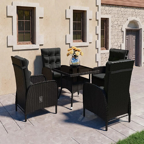 Salle à dîner de jardin 5 pcs,Table et chaise à manger Résine tressée et verre Noir -MN89446