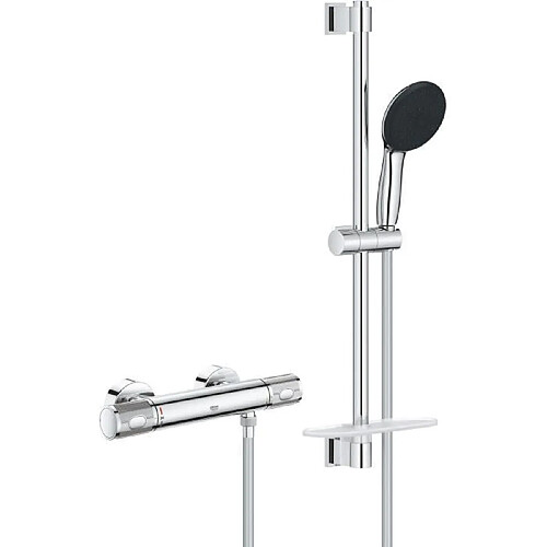 Ensemble de douche avec mitigeur thermostatique, pommeau 3 jets, barre 60cm et flexible - GROHE 34791001 - Economie d'eau - Chromé