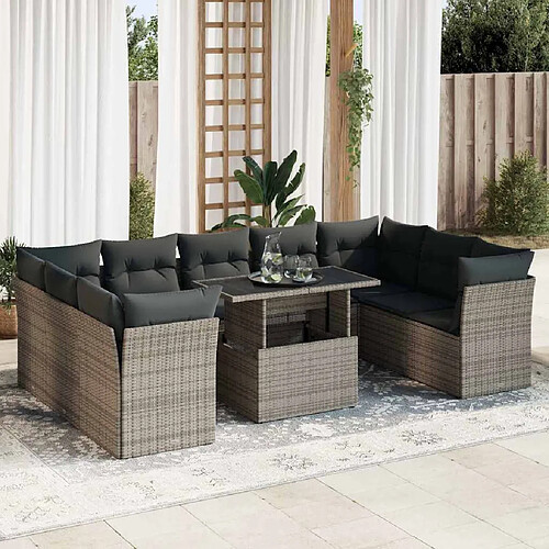 vidaXL Salon de jardin avec coussins 10 pcs gris résine tressée