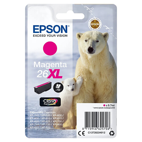 Epson Singlepack Magenta 26XL Claria Pre 26XL cartouche dencre magenta haute capacite 9.7ml 700 pages 1-pack RF-AM blister