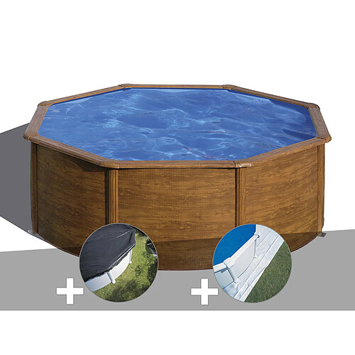 Kit piscine acier aspect bois Gré Pacific ronde 3,70 x 1,22 m + Bâche d'hivernage + Tapis de sol