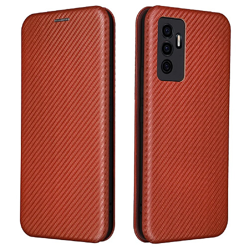 Coque en TPU + PU Texture en fibre de carbone, fermeture magnétique auto-absorbée avec support, orange pour votre Vivo S10e/V23e