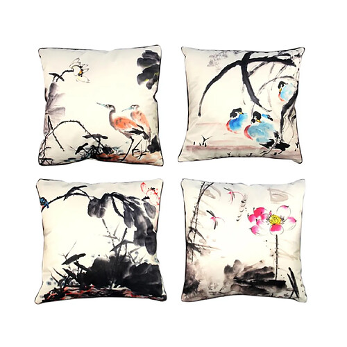 YP Select 4 Pcs Chinois Encre Peinture Oreiller Coussin Fleur-Oiseau Classique Canapé Coussin Noir 45X45 CM