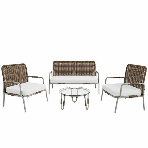 KOMHTOM Ensemble de canapés de meubles de jardin pour 4 personnes avec fauteuils, table basse et coussins beige + blanc + marron