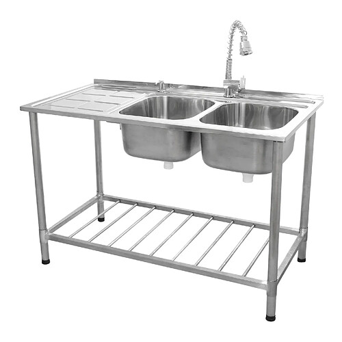 Monstershop KuKoo Evier Professionnel /Plonge Inox sur Pied à Doubles Bacs – Egouttoir à gauche