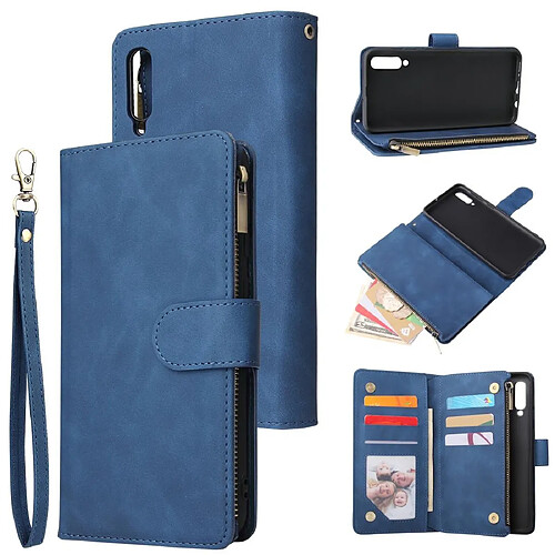 Wewoo Housse Coque Etui à rabat horizontal multifonctionnel rétro pour Galaxy A50 avec fente carte & porte-cartes et portefeuille fermeture à glissière et cadre photo et lanière bleu