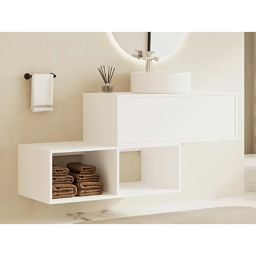 Vente-Unique Meuble de salle de bain suspendu blanc avec vasque ronde - 1 tiroir et 2 niches - 94 cm - TEANA II