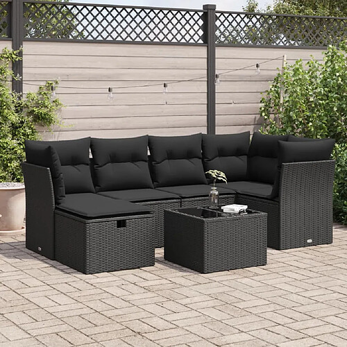 vidaXL Salon de jardin 7 pcs avec coussins noir résine tressée