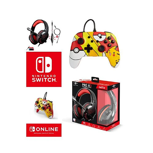 Pack Manette SWITCH Filaire Nintendo POKEMON PIKACHU POP ART Officielle + Casque Gamer PRO H3 Rouge SPIRIT OF GAMER SWITCH