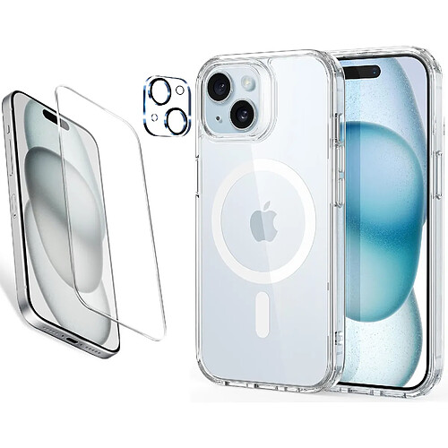 Coque Silicone Transparente Compatible Magsafe + Verre Trempes et Protection Camera Arriere Pour iPhone 15 Little Boutik®