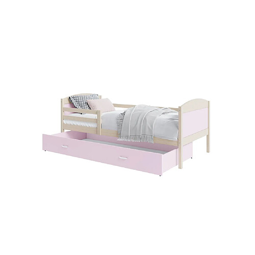 Kids Literie Lit Enfant Mateo 90x190 Pin - rose Livré avec sommiers, tiroir et matelas en mousse de 7cm