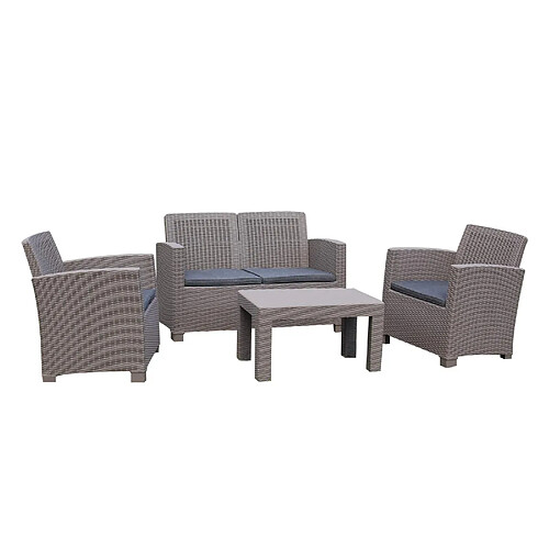 Salon de Jardin Chillvert Santorini en Résine 1 Canapé 2 sièges 2 Fauteuils et 1 Table Beige avec Coussins gris