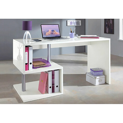 Alter Esse bureau moderne pour bureau et étude avec étagère, Made in Italy, Table d'ordinateur, bureau PC, 140x60h78 cm, couleur blanc brillant