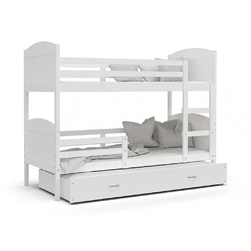 Kids Literie Lit Superposé 3 Places Mateo 90x190 Blanc - blanc Livré avec sommiers, tiroir et matelas en mousse de 7cm