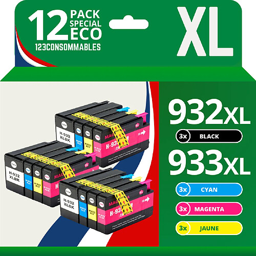 123CONSOMMABLES - 932XL 933XL - Cartouche compatible avec HP 932 933 932XL 933XL pour Officejet 6600 6100 6700 7510 7110 7610 7612 (pack de 12)