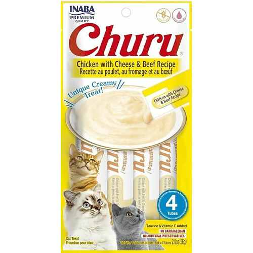 INABA Churu - Friandises pour Chats en purée au Poulet au Fromage & b?uf - 4 Tubes x 14g - Délicieux Snacks pour Félins - Texture Lisse et Onctueuse - Nourriture pour Chats